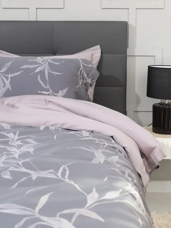 КПБ евро, тенсель 300 ТС, серо-лиловый, Листья, Tencel, image-0