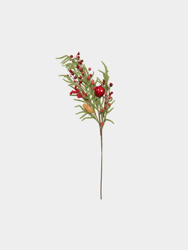 Ветка декоративная, 80 см, Красные ягоды и шишки, Red berry, image-1