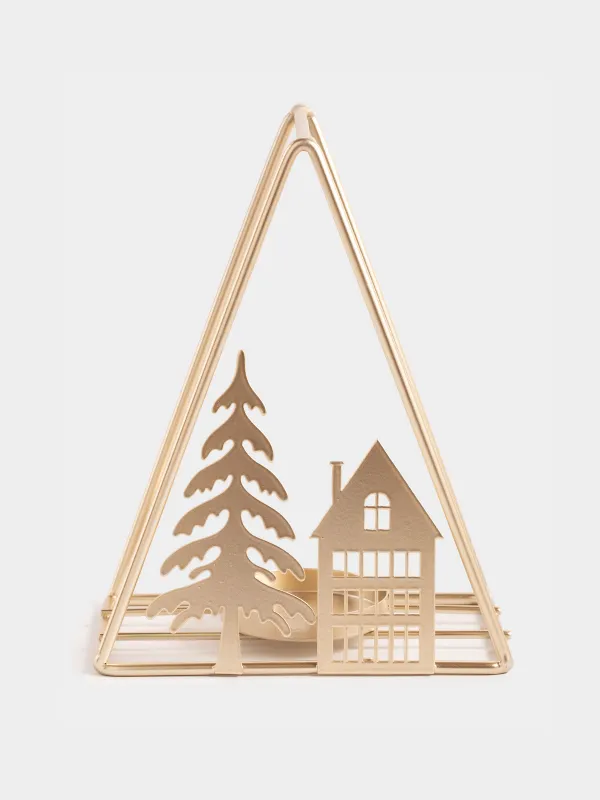 Подсвечник, 13х16 см, для чайной свечи, металл/стекло, шампань, Елка и домик, Champagne style, image-0