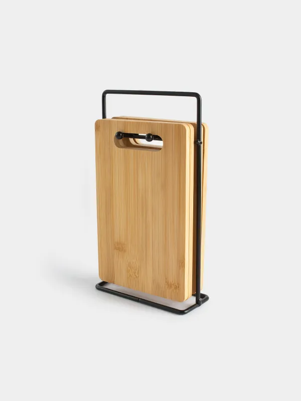 Доска разделочная, 22x14 см, 4 шт, на подставке, бамбук/сталь, прямоугольная, Bamboo, image-4