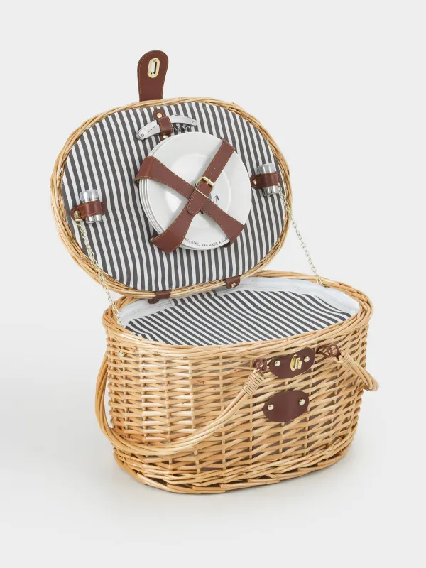 Корзина для пикника, 42х30 см, 4 перс, 25 пр, с пледом, лоза, овальная, коричневая, Picnic, image-0
