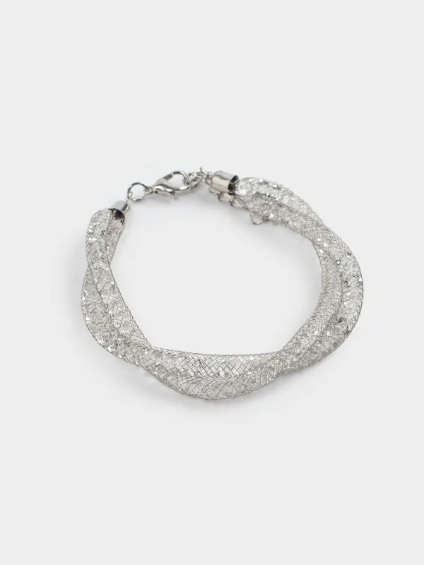 Браслет, 24 см, двойной, металл/стразы, серебристый, Плетение, Jewelry, image-1