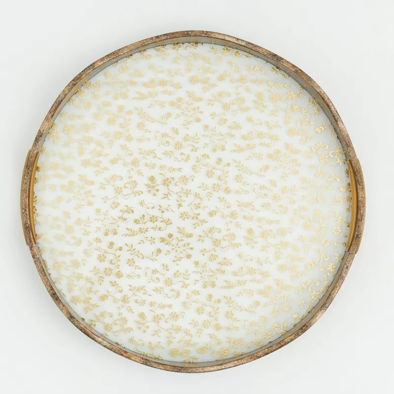 Поднос, 35 см, пластик/стекло, круглый, золотистый, Цветы, Floral, image-3