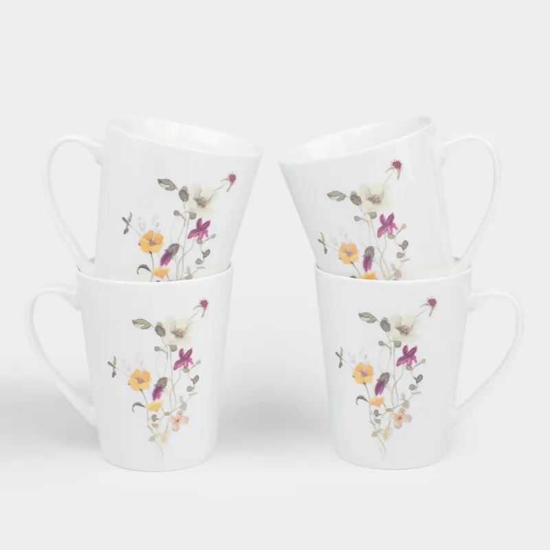 Кружка, 420 мл, 4 шт, фарфор N, белая, Желтые цветы, Floweri