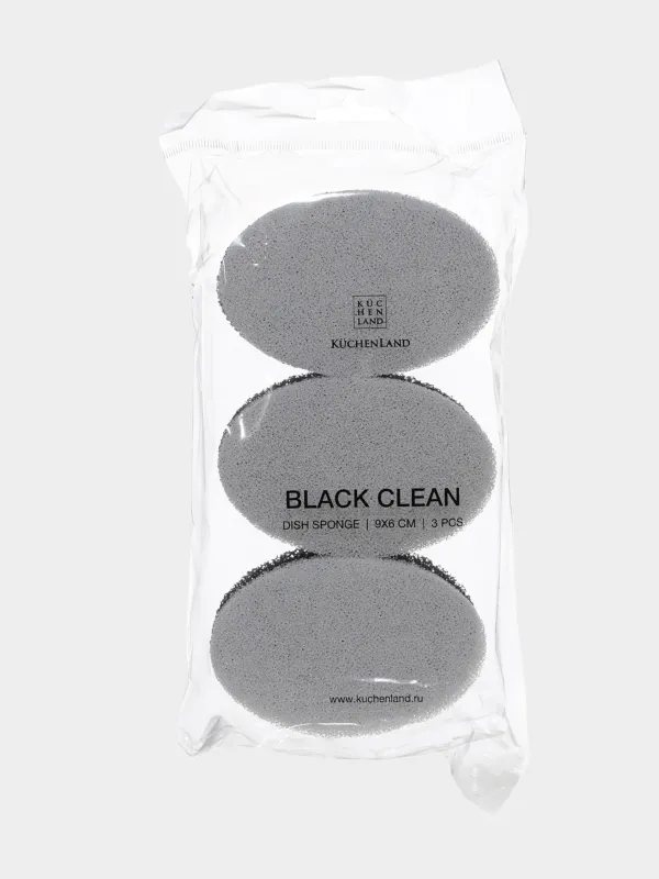 Губка для мытья посуды, 9х6 см, 3 шт, абразив, овальная, черно-белая, Black clean, image-3