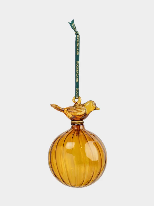 Игрушка елочная, 8 см, стекло, янтарная, Шар с птичкой, Ball figure, image-1