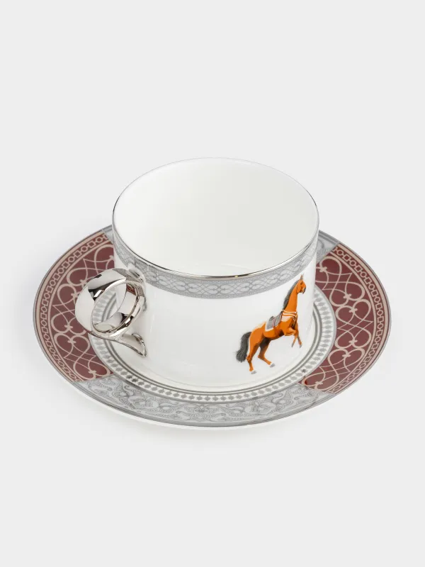 Пара чайная, 1 перс, 2 пр, 290 мл, фарфор F, бело-бордовая, с серебристым кантом, Лошадь, Breton horse, image-1