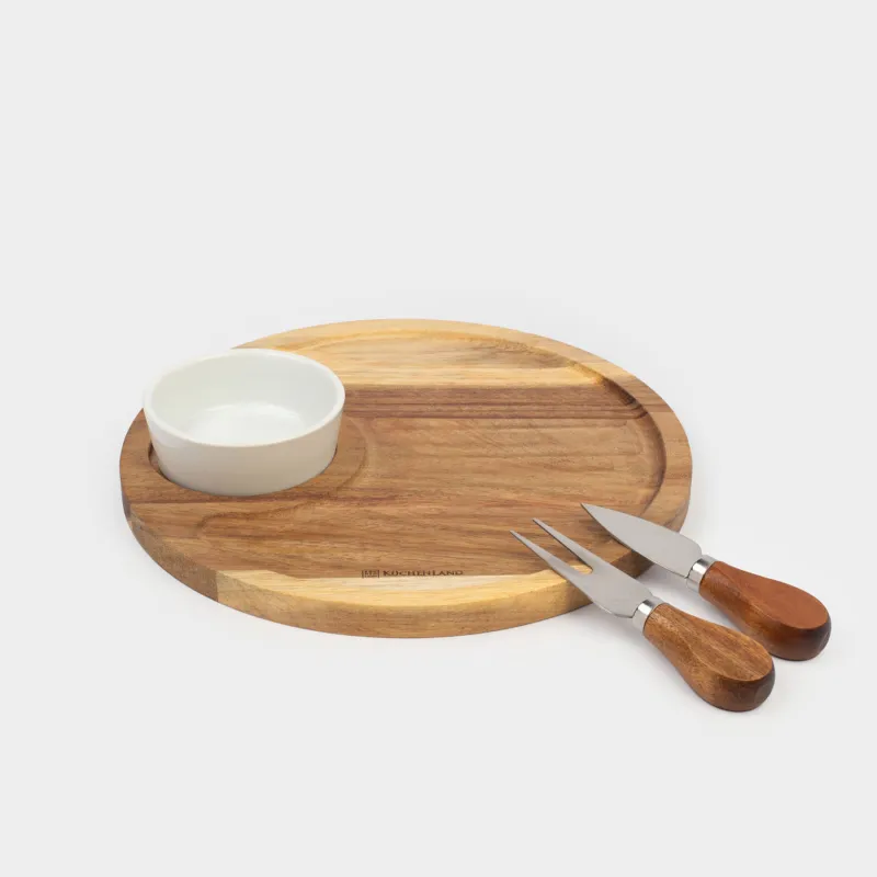 Набор для сыра, 4 пр, доска-блюдо/пиала, сталь/керамика/дерево, Круг, Noble tree