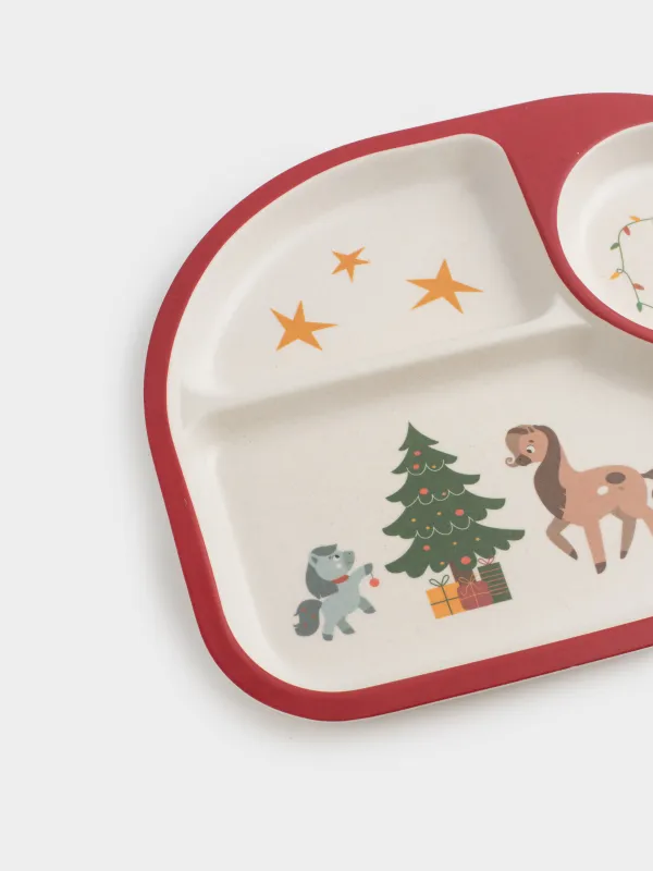 Тарелка обеденная, детская, 27х21 см, 4 отд, бамбук, красная, Лошадки с елкой, Little horse, image-4