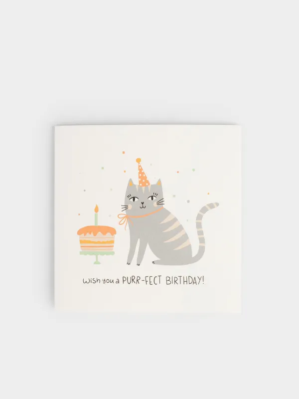 Открытка подарочная, 12х12 см, бумага, белая, Кот с тортом, Birthday, image-0