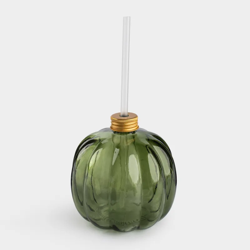 Банка для напитков, 600 мл, с крышкой и трубочкой, стекло, зеленая, Тыква, Pumpkin