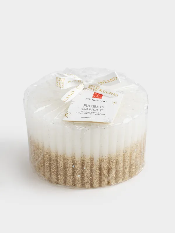 Свеча, 13х8 см, цилиндрическая, три фитиля, с блестками, молочно-золотистая, Ribbed candle, image-4