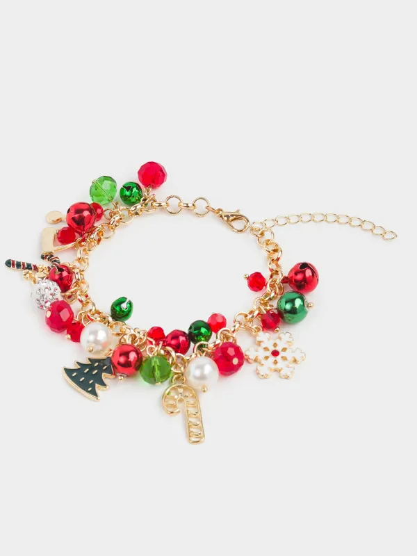 Браслет, 25 см, с подвесками, металл, золотистый, Красные и зеленые бусины, Jewelry christmas, image-1