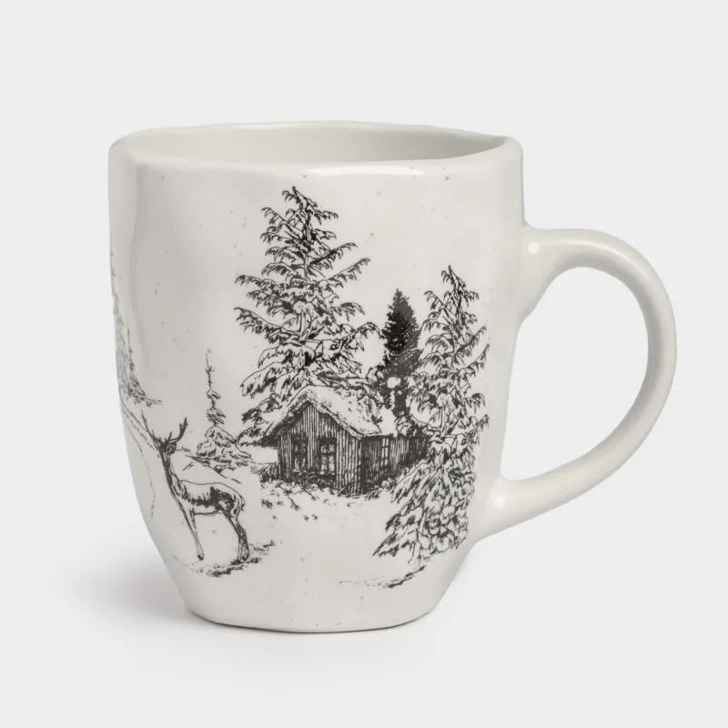 Кружка, 320 мл, керамика, белая, Олень у дома в лесу, Crumple print