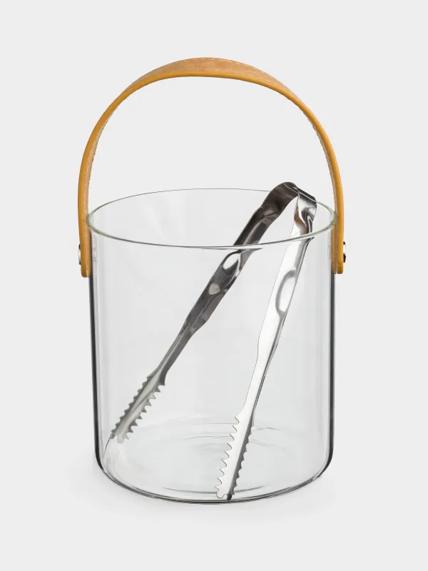 Ведро для льда, 14 см, с ручкой и щипцами, стекло/искусственная кожа, Clear devo, image-1