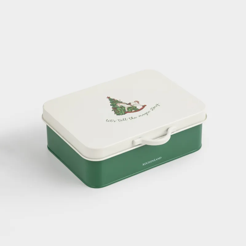 Емкость для хранения, 22х15 см, 2 л, металл, прямоугольная, Елка с лошадкой, Christmas green