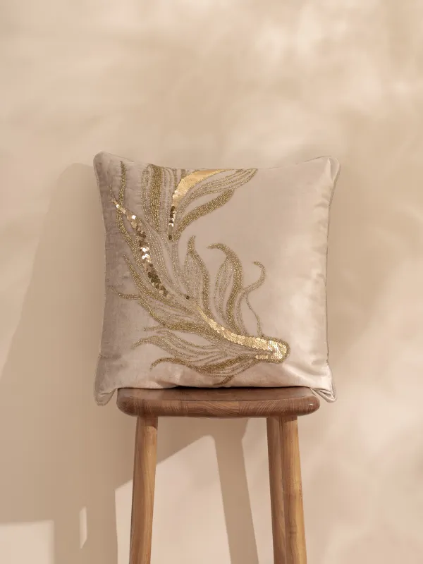 Подушка декоративная, 50х50 см, вельвет/бисер, бежевая, Рыбки, Goldfish, image-3