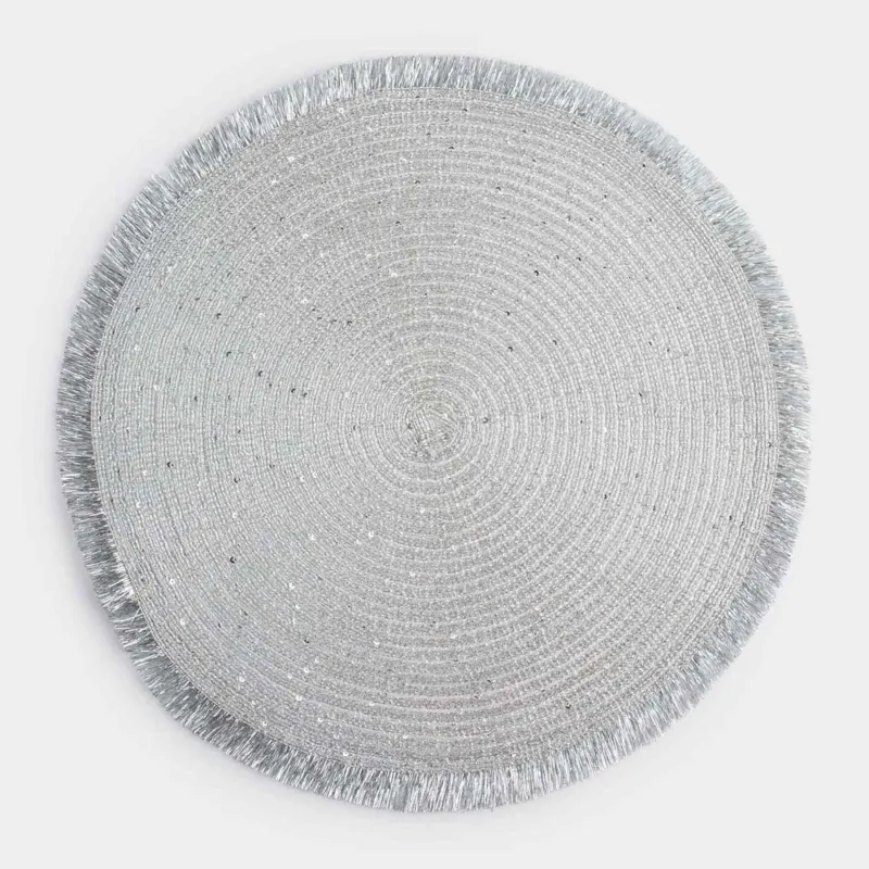 Салфетка под приборы, 38 см, с бахромой и пайетками, полиэстер, круглая, серебристая, Rotary shine