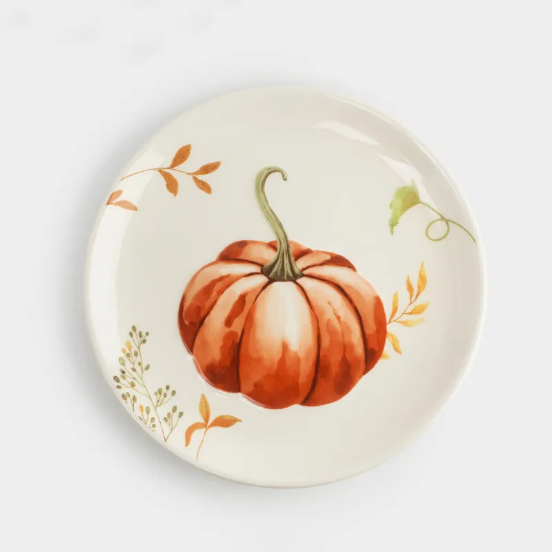 Тарелка закусочная, 22 см, керамика, белая, Тыква и листья, Forest symphony