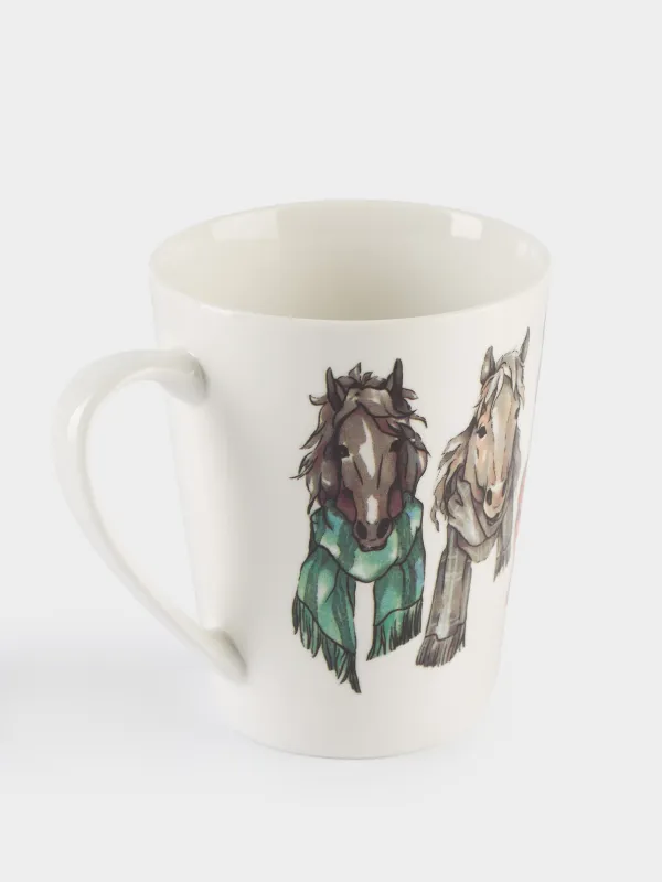 Кружка, 420 мл, фарфор N, белая, Лошади в шарфах, Horse trio, image-1