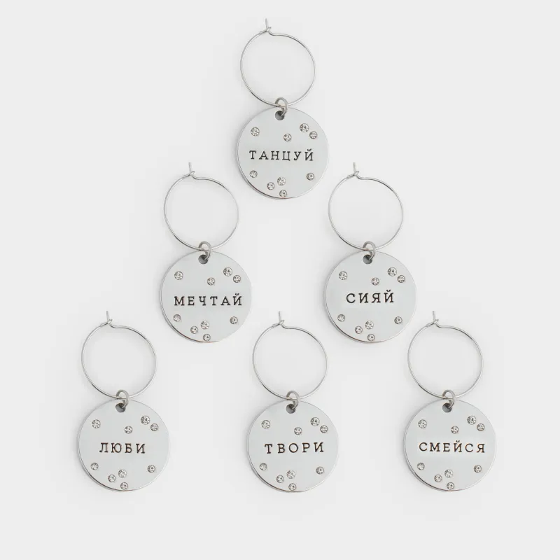 Подвеска для бокала, 6 шт, металл/стразы, серебристая, Пожелания на медальоне, Fantastic, image-0