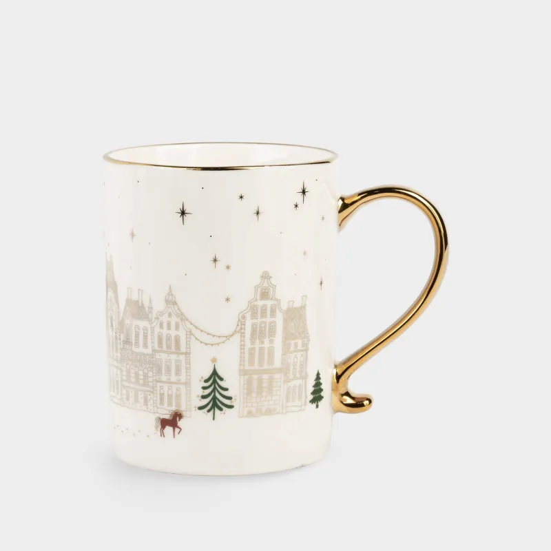 Кружка, 390 мл, фарфор N, молочно-золотистая, Домики и лошадь, Snow sparks