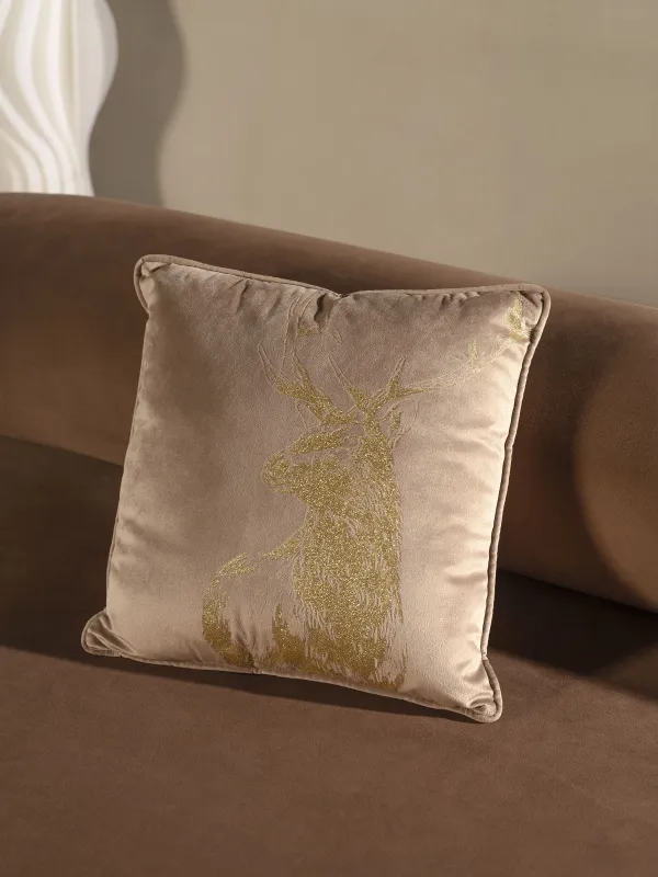 Подушка декоративная, 45х45 см, вельвет, бежево-золотистая, Гордый олень, Deer, image-2