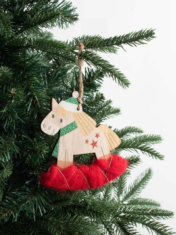 Игрушка елочная, 11 см, дерево/полиэстер, с блестками, Лошадка-качалка, Figure wood, image-2