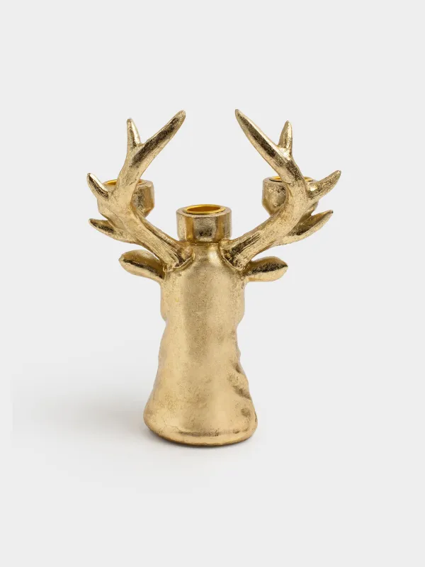 Подсвечник, 21 см, 3 тонкие свечи, полирезин, золотистый, Голова оленя, Deer gold, image-3