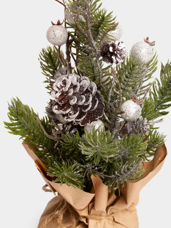 Композиция декоративная, 30 см, в крафте, пластик/пенопласт, Белые ягоды и шишки, White berry, image-2