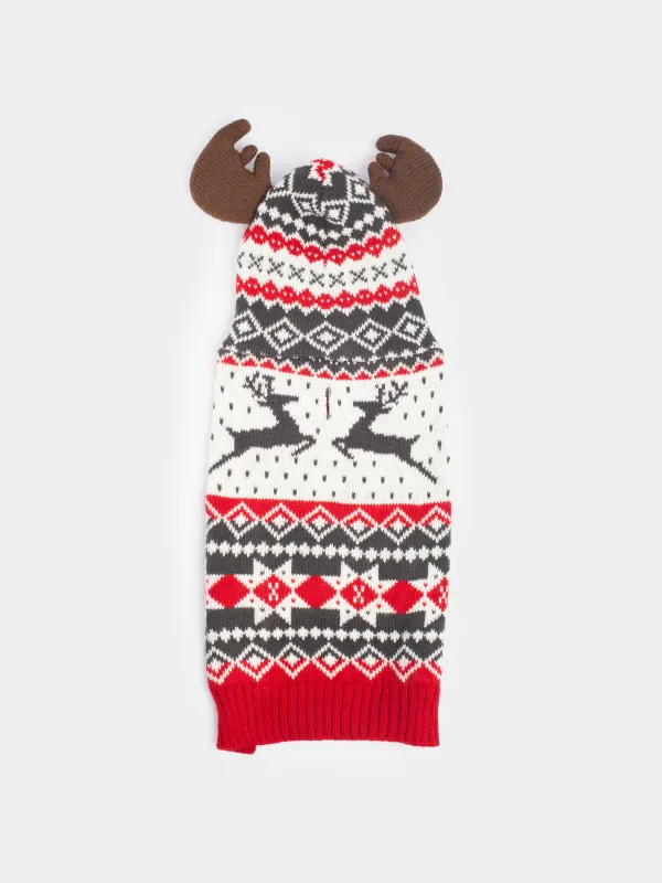 Свитер для животных, 38 см, р. M, с капюшоном, акрил, бело-красный, Зимний узор, Fashion pet, image-1