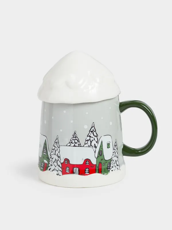 Кружка, 350 мл, с крышкой, Дома в снежном лесу, Forest house, image-0