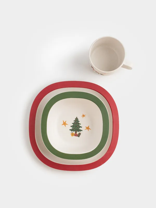 Набор посуды, детский, 1 перс, 3 пр, бамбук, красно-зеленый, Лошадки с елкой, Little horse, image-2