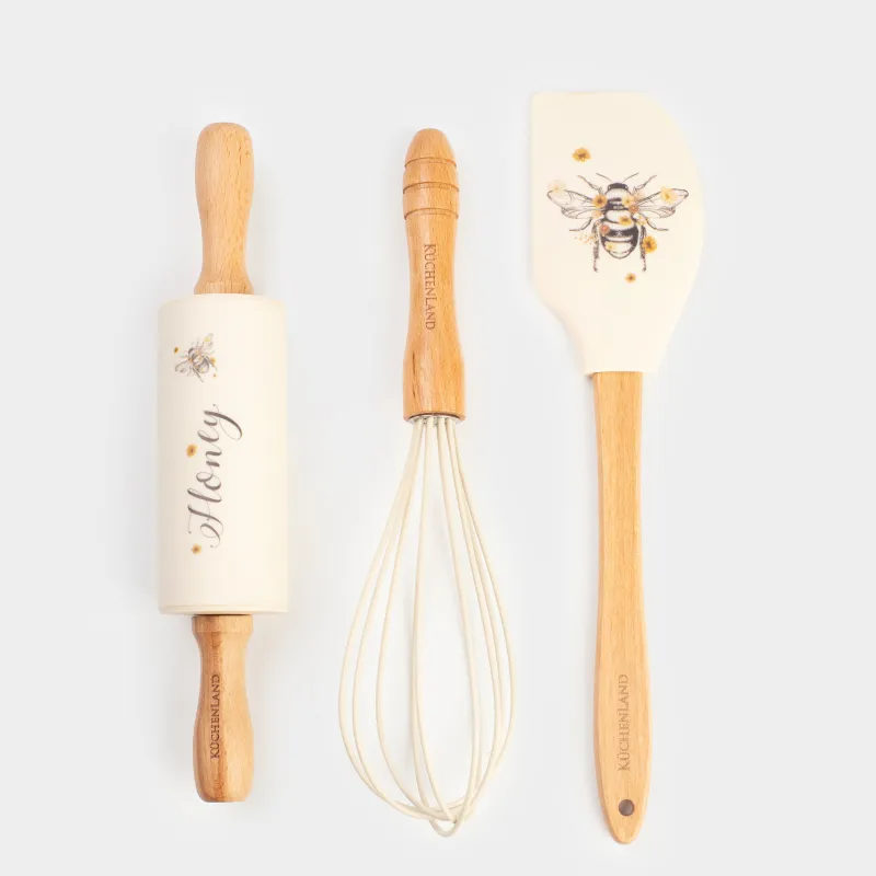 Набор для выпечки, 3 пр, лопатка/венчик/скалка, силикон/дерево, бежевый, Шмель, Honey