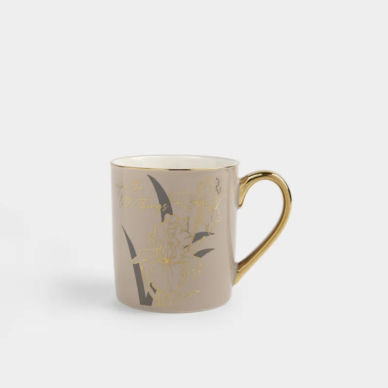 Кружка, 300 мл, фарфор N, бежево-золотистая, с золотистым кантом, Ирисы, Flower gold
