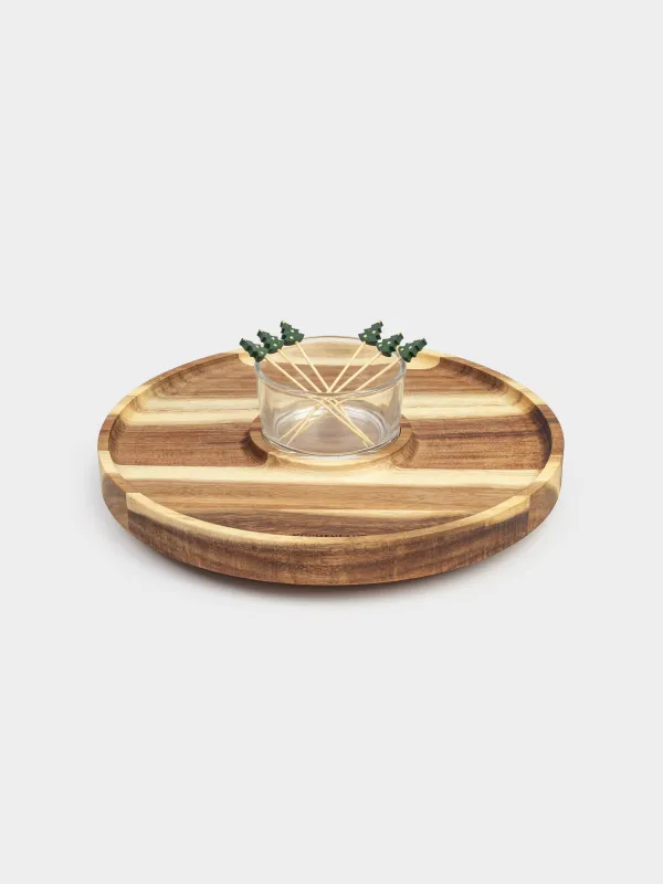 Блюдо для закусок, 28 см, с пиалой, вращающееся, со шпажками, дерево/стекло, Noble tree, image-0