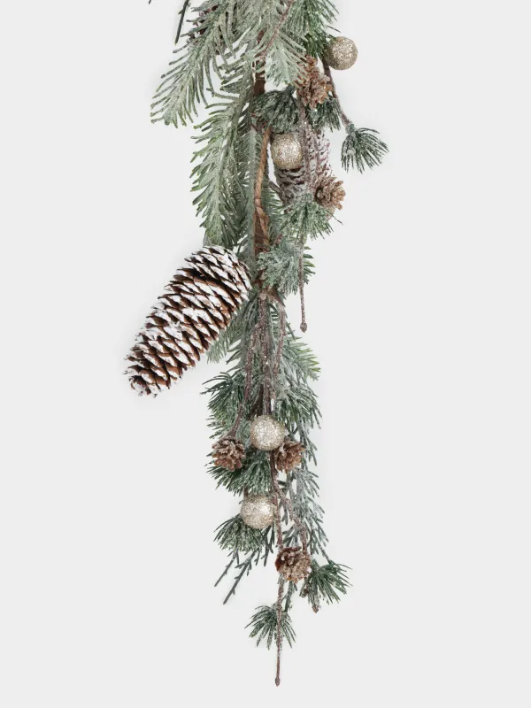 Ветка-гирлянда декоративная, 75 см, подвесная, пластик, Ягоды шампань и шишки, Conifer champagne, image-2