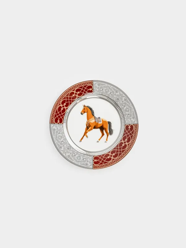 Тарелка закусочная, 21 см, фарфор F, бело-бордовая, с серебристым кантом, Лошадь, Breton horse, image-0