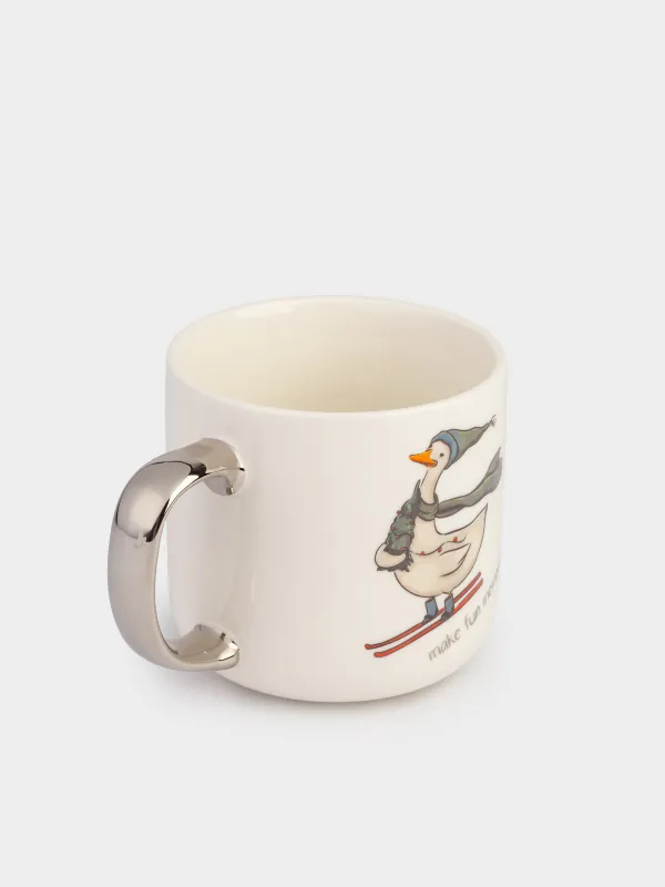 Кружка, 400 мл, фарфор N, бело-серебристая, Гусь на лыжах, Goose, image-1