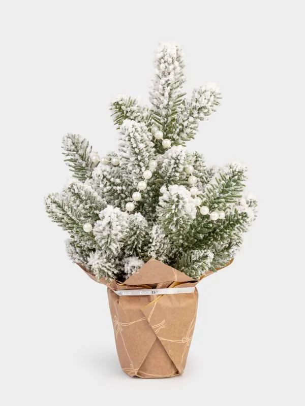 Ель искусственная, 30 см, в крафте, ПВХ, Ель в снегу с жемчугом, Snowy decor, image-1