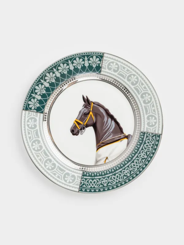 Тарелка закусочная, 21 см, фарфор F, бело-зеленая, с серебристым кантом, Конь, Breton horse, image-0
