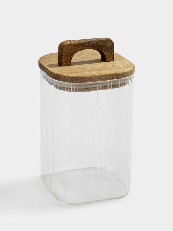 Банка для сыпучих продуктов, 1 л, стекло Р/дерево, квадратная, Ravi wood, image-1
