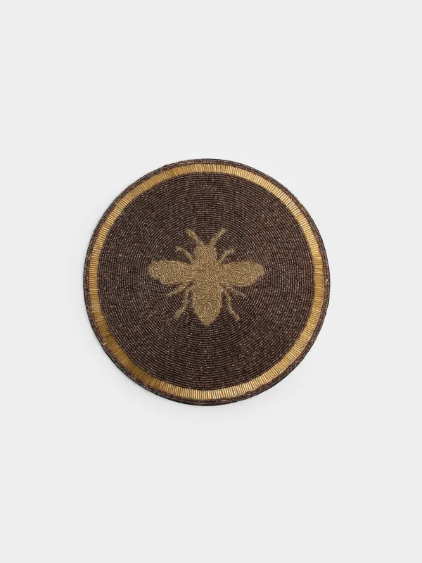 Салфетка под приборы, 36 см, бисер, круглая, коричнево-золотистая, Пчела, Art beads, image-0