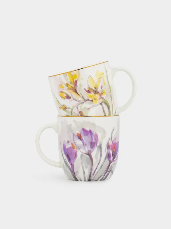Кружка, 370 мл, 2 шт, фарфор F, белая, с золотистым кантом, Весенние цветы, Bloome, image-0