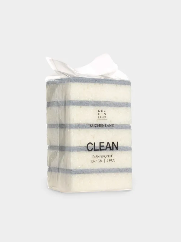 Губка для мытья посуды, 10х7 см, 5 шт, поролон/абразив, бежево-серая, Clean, image-2