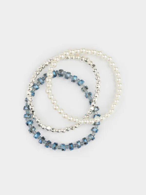 Набор браслетов, 18 см, 3 шт, стекло/пластик, цветной, Бусины, Pearl color, image-0