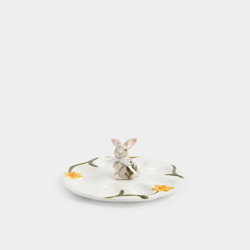 Блюдо пасхальное, 20х9 см, 8 отд, керамика D, молочное, Кролик с цветами, Rabbit in narcis