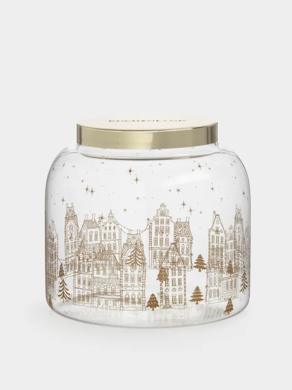 Банка для сыпучих продуктов, 950 мл, стекло/металл, Золотистые домики, Snow sparks, image-0