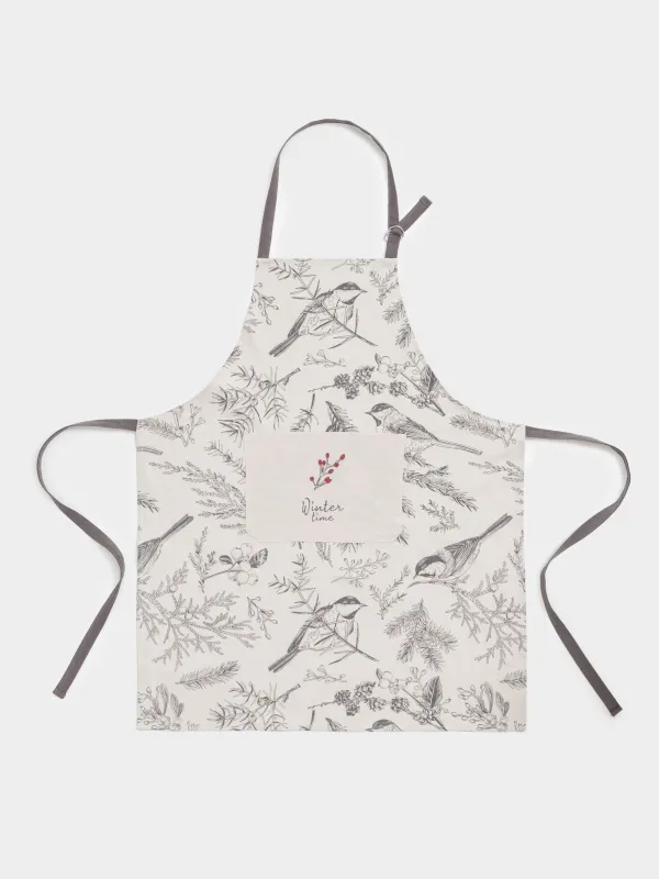 Фартук, 65х80 см, хлопок, серо-бежевый, Снегири на ветках, Bullfinchs, image-0