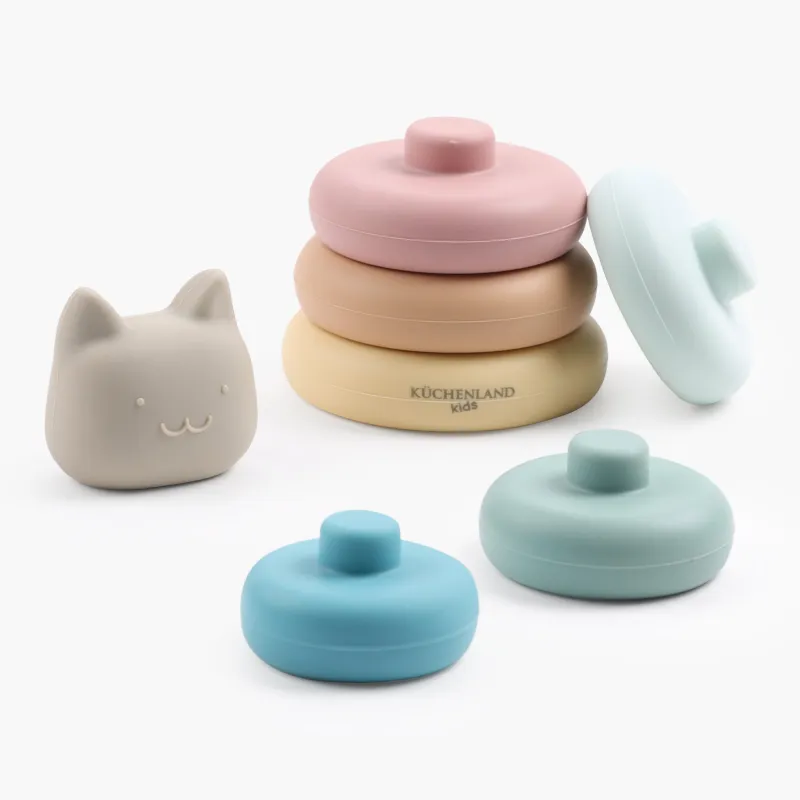 Игрушка развивающая, 16 см, 7 пр, силикон, цветная, Пирамидка кот, Kiddy, image-1